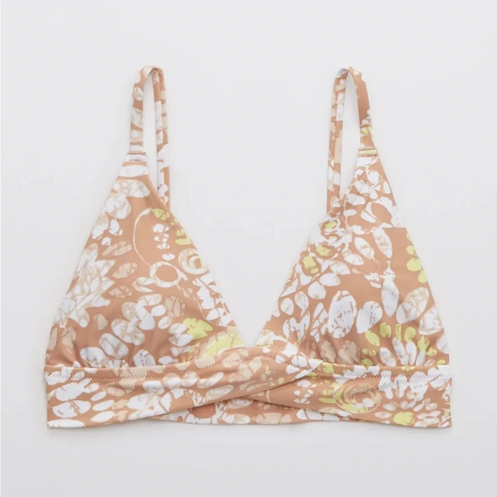 Aerie Sands Tan White Floral Print Crossover Triangle Bikini Top Size Medium - Picture 1 of 9